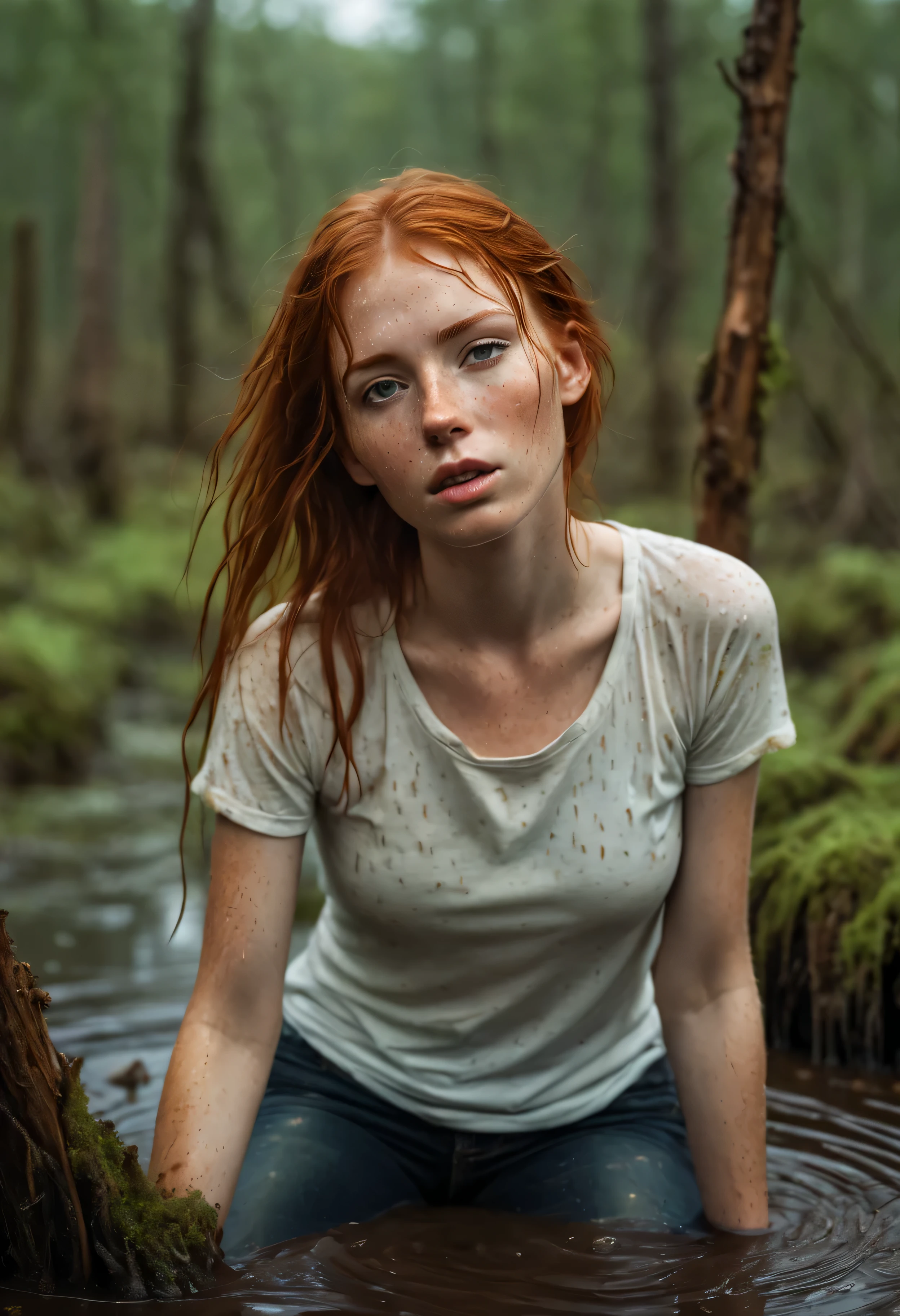 full body drowning,An exquisitely detailed photograph of a graceful red-haired girl with freckles, a scattering of freckles on the dewdrops of a beautiful face, with pointed features, a dreamy look of languid eyes and a slightly open mouth in an expression of euphoria. she is drowning in bog. She&#39;s wearing a wet T-shirt, tight-fitting chest, and (dirty muddy unzipped:1.3 jeans):1.2, embedded in the muddy bottom of the bog. Among tree stumps and trees entangled in thorny vines, a girl drowns in a dark swamp., desperately clinging to slippery snags with your fingers, but unable to overcome the viscous dno. Her face, thrown back to the sky, expresses a mixture of agony, shame and perverted pleasure from indulging in a dirty fetish. 