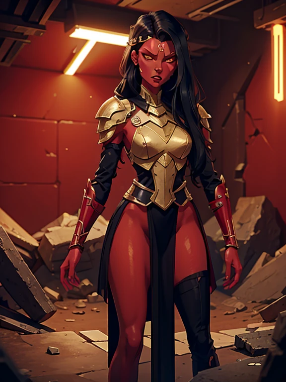 ((Masterpiece)), ((best quality)), ultra detailed face, ((red skin:1.3)), 1woman, (wearing armor over dark robes, black hair, golden eyes, slender body, thin, slim body, slim waist, medium breasts), standing in ruins, standing with one foot on a dead enemy, Star Wars, cinematic lighting , sci-fi city, sfw,
