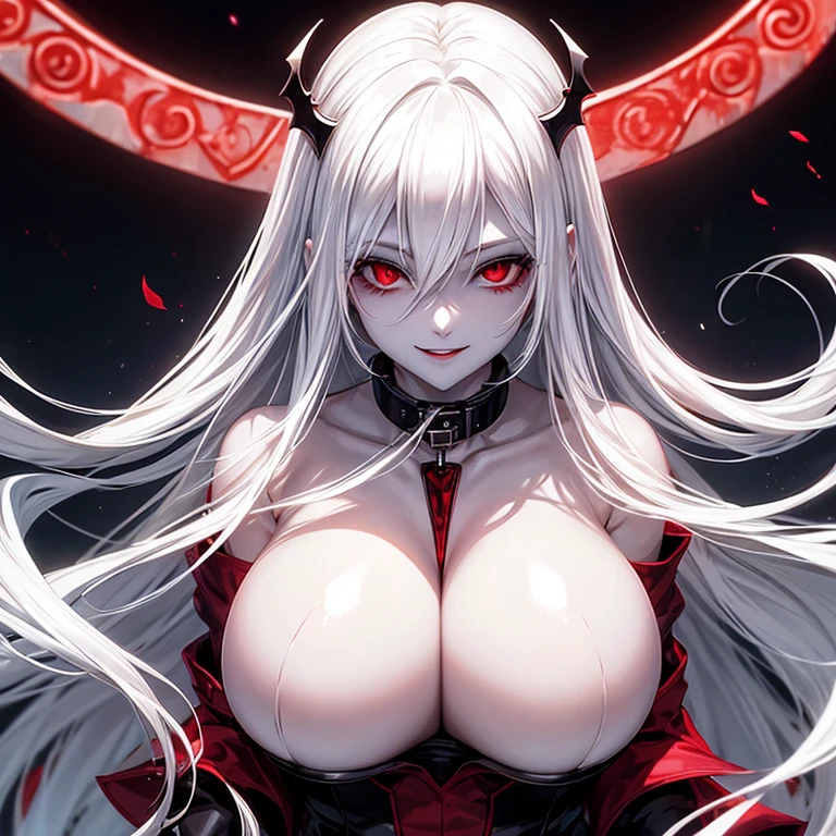 Best quality, 1 vampire girl, (huge breasts:1.1), (pure white skin:1.2), white hair, red eyes, bloody face, smile, (collar:1.1), wearing a suit, full body, simple background, dim light