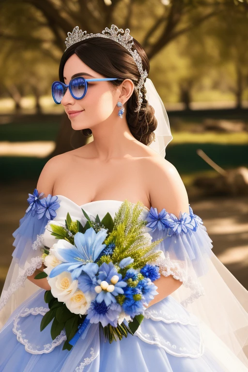 bride in blue dress with flowers and veil smiling at camera, Retrato de vestido azul claro, detailed retrato, Corpse Bride Style, retrato en plano medio, gafas con montura azul, acentos de flores azules, primer plano, tiro de medio cuerpo, closeup retrato, retrato, toma de cuerpo entero, Traje con detalles azules, con flores congeladas a su alrededor, ramos flotantes, incredibly detailed