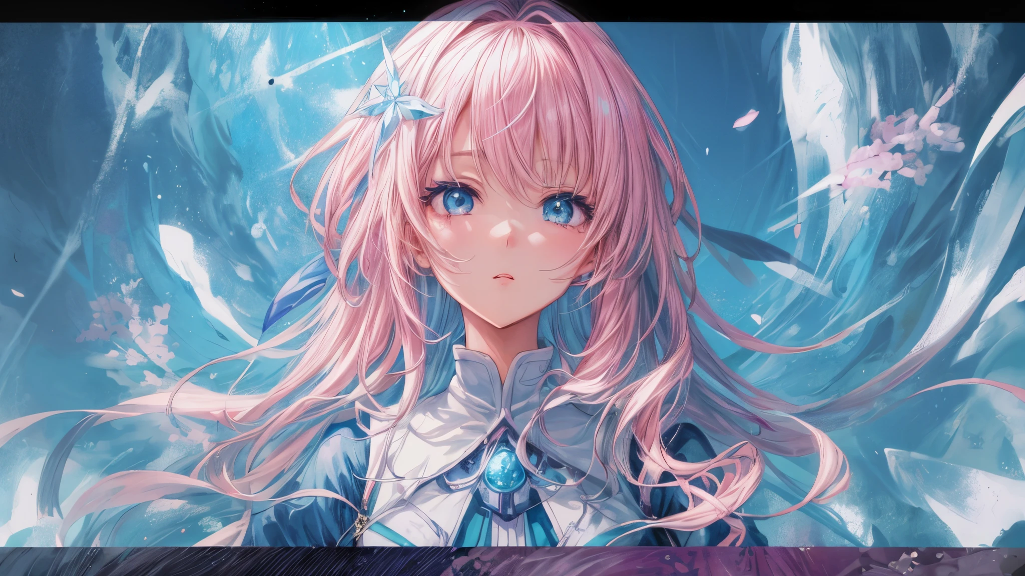 Chica anime con cabello rosado y ojos azules con un vestido azul., retrato, caballeros del zodiaco, , detailed arte animado digital, hermoso retrato animado, anime girl with cosmic hair, Cabello rosado y ojos cian., estilo anime 4k, arte animado digital, anime fantasy illustrations, anime fantasy illustration., retrato chica anime, anime in fantasy style, arte detallado del personaje de anime