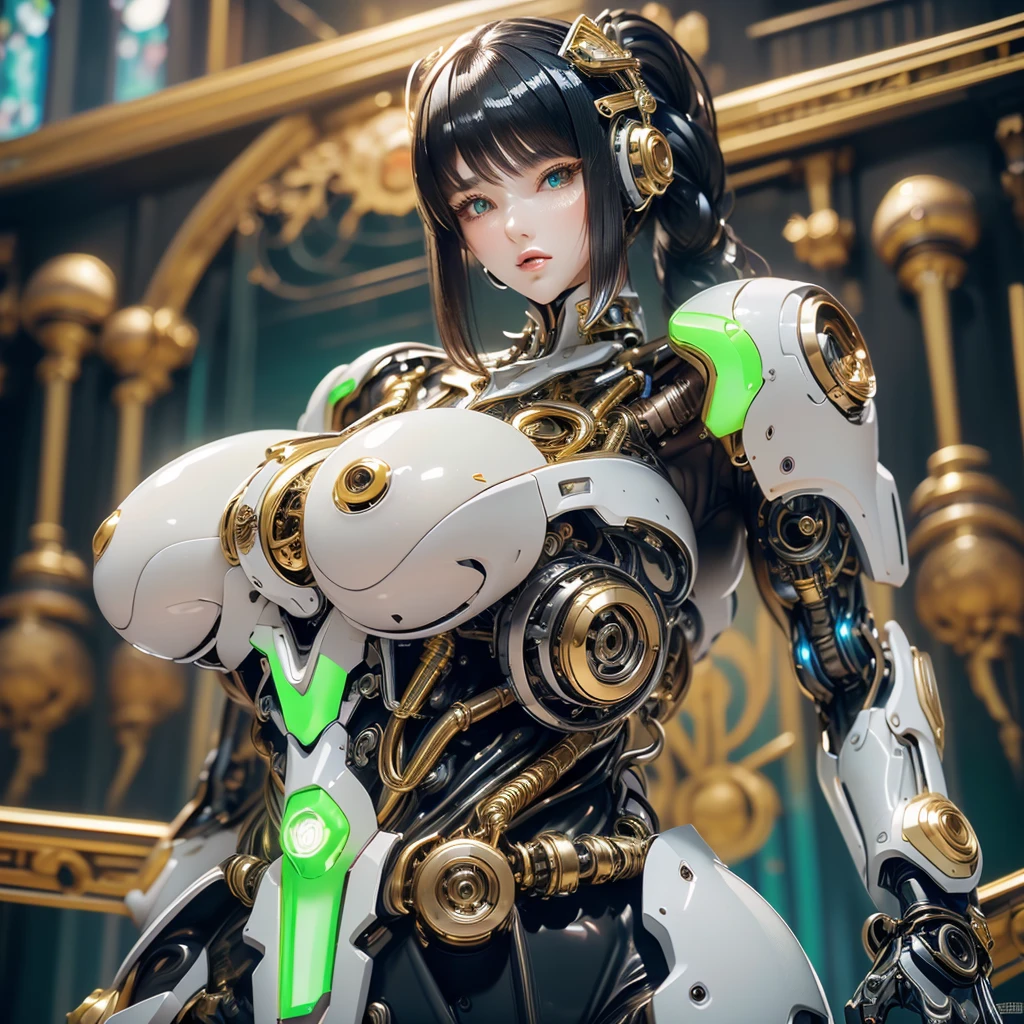8k, top-quality, (pubic hair beauty)、high resolution, 逼真, real person, ((masterpiece)), ((top-quality)), (The ultra-detail, ((highly contrast)), (a high chroma), (Beautiful detail eyes), ((extremely delicate and beautiful)), (nice hand), ((perfect hand)), (Mechanical cyber city in the background), futuristic cities, 夏天, plein air, ((Girl riding motorcycle)), Long hair, black hair, asymmetrical bangs, beautiful detailed Glass hair, green eyes, large chest, white and gold mechanical suit, ((shiny body)), (very shiny body), Clear, jewelry, ornament detached, a gorgeous, opulent, magnificent, Illumination scattered throughout the body, Illumination brilliance, cyborgs, android, bodysuit, huge tit, open cleavage, beauty legs , Full Body
