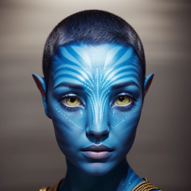 avtr:1.1, avatar style, portrait:1.6, 1girl, female, (blue skin tone:1.0), (short hair:1.0), one pair of pointy ears:1, pixie cut hairstyle, dark brown hair color, 18 years old:1, face wrinkles, wearing tribal clothing, wearing a top, detailed eyes, toned body, muscled body, glowing, ethereal atmosphere, dreamy lighting, textured skin, otherworldly beauty, mesmerizing photography, (best quality, highres), ultrarealistic, skin details, striped skin, sfw, ultradetailed body