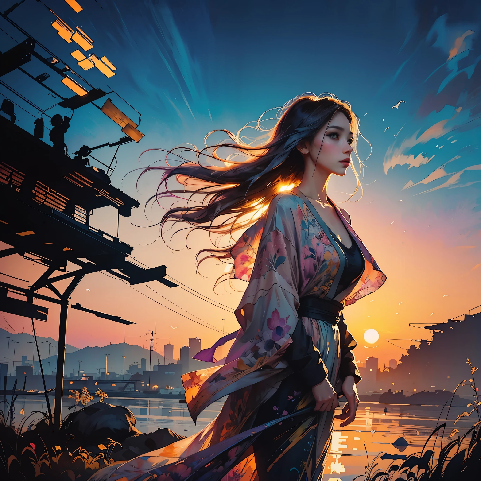 Silhouette dream culture Digital watercolor Illustration of a sunset portrait, by JB, Waterhouse, Carne Griffiths, Minjae Lee, Ana Paula Hoppe, Stylized watercolor art, Intricate, Complex contrast, HDR, Sharp, soft Cinematic Volumetric lighting, pastel colours, wide long shot, perfect masterpiece