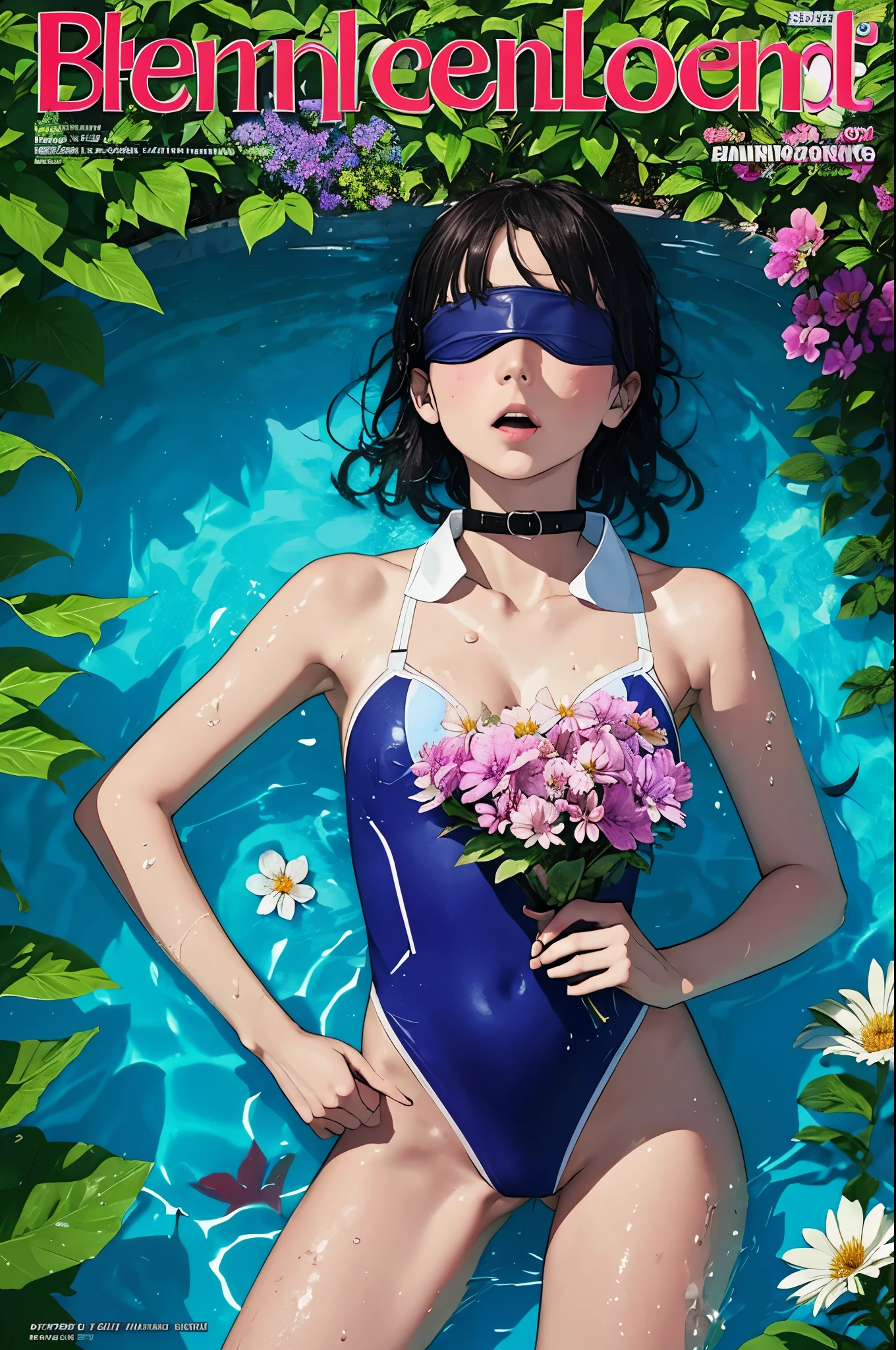 magazine cover,Flower of legend,swimming costume,Collar, blindfold,Watering the flowers,pee-pee-pee,Sweaty skin,flower garden,gonzo pornography