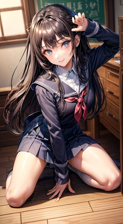 ((Dark blue shrugs his knees and spreads his legs wide、Gaze from directly below、((brown lowfelonze hair　(Squat down so I can see her exposed .)))(cat shot)double eyelid　Kirinaga eyes　small face beauty　beautiful and fine eyes、super detailed、High resolution、highest quality、masterpiece、、(Japanese girls&#39; high school uniform))、very detailed expression　 School classroom transcendental beauty　　Idol girls、((dynamic pose)))、pleated skirt、sexy smile　(((Low - Angle、No underwear)))
