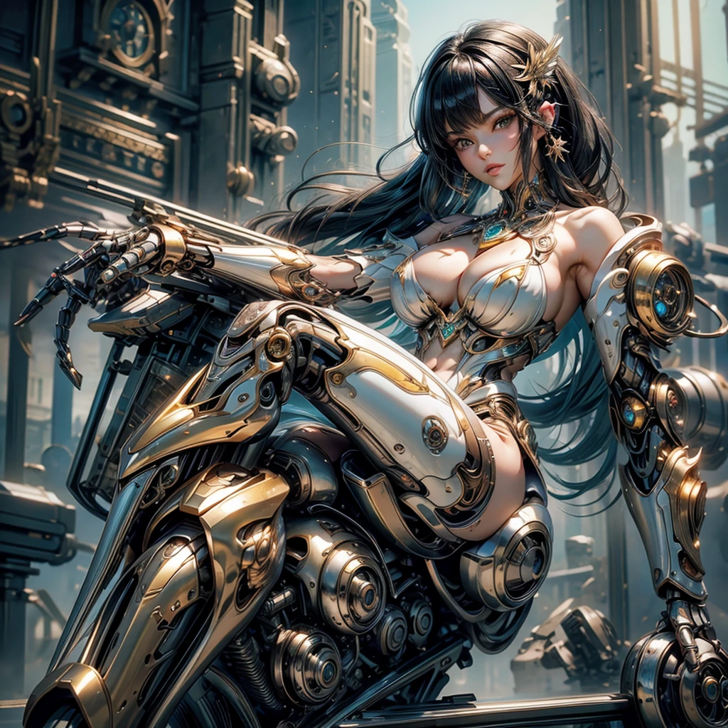 8k, top-quality, (pubic hair beauty)、high resolution, 逼真, real person, ((masterpiece)), ((top-quality)), (The ultra-detail, ((highly contrast)), (a high chroma), (Beautiful detail eyes), ((extremely delicate and beautiful)), (nice hand), ((perfect hand)), (Mechanical cyber city in the background), futuristic cities, 夏天, plein air, ((Girl riding motorcycle)), Long hair, black hair, asymmetrical bangs, beautiful detailed Glass hair, green eyes, large chest, white and gold mechanical suit, ((shiny body)), (very shiny body), Clear, jewelry, ornament detached, a gorgeous, opulent, magnificent, Illumination scattered throughout the body, Illumination brilliance, cyborgs, android, bodysuit, huge tit, open cleavage, beauty legs , Full Body
