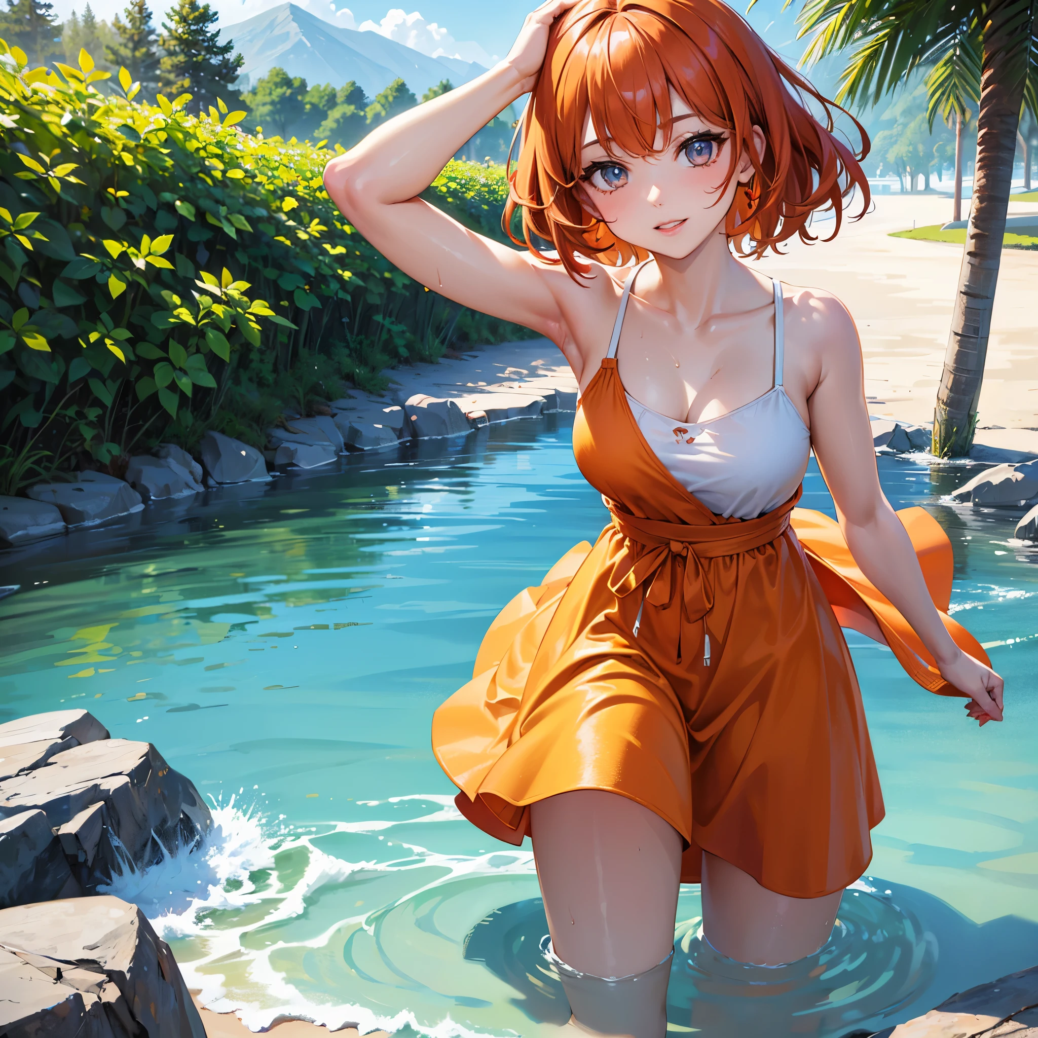 (a woman, park, sunny day, orange sundress, RAW, UHD, 8K, upper body portrait:1.1, head, highly detailed face, stunning eyes, orange short hair, back towards camera, wet clothes, vibrant colors, warm sunlight) close up