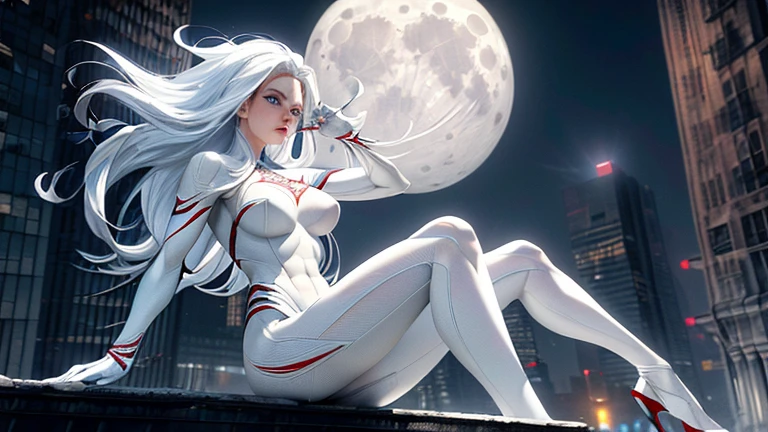(Masterpiece, 4K resolution, ultra-realistic, highly detailed), (White costume superhero theme, charismatic, girl on top of the city, wearing white Spider-Man costume, superheroine), [((23 years old), (long white hair:1.2), full-body, (blue eyes:1.2), (Spider-Man dynamic poses) ((gritty urban environment):0.8)| (urban landscape, nighttime, dynamic lights), (full moon))]