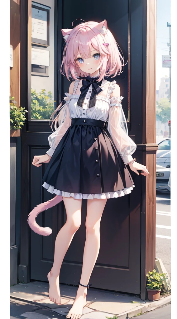 Delicate eyes，full-body shot,a girl,meet,Bare-legged，barefoot，watercolor style，Cat style,Public area display,，cat ears，****ta，Pink bow,Open your mouth and smile,ligation bracelet,Superior image quality,best quality