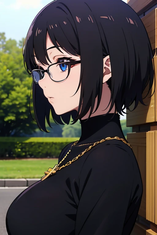 (masterpiece, high resolution, best quality, anime colored, anime screencap, 8k, photorealistic), Shizuku Murasaki, 1girl, cute, black hair, short hair, glasses, expressionless, huge breast, (tight black turtleneck long sleeve), (upper body:1.5, looking at away, from side), denim, inverted cross chain necklace, (perfect detailed anatomy, beautiful detailed eyes&hair, beautiful face, shiny skin), sunshine outdoors