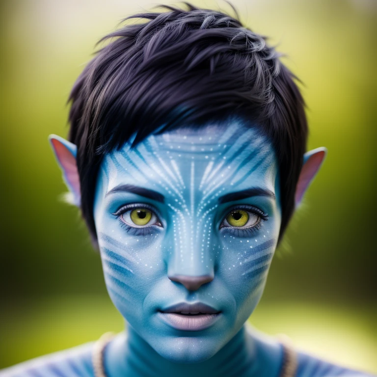 avatar style, portrait:1.6, 1girl, female, (blue skin tone:1.0), (short hair:1.0), one pair of pointy ears:1, pixie cut hairstyle, dark brown hair color, 18 years old:1, face wrinkles, wearing tribal clothing, wearing a top:1, detailed eyes, toned body, muscled body, glowing, ethereal atmosphere, dreamy lighting, otherworldly beauty, (best quality, highres), ultrarealistic, skin details, striped skin, sfw, ultradetailed body, simple background:1, avtr:1, looking up