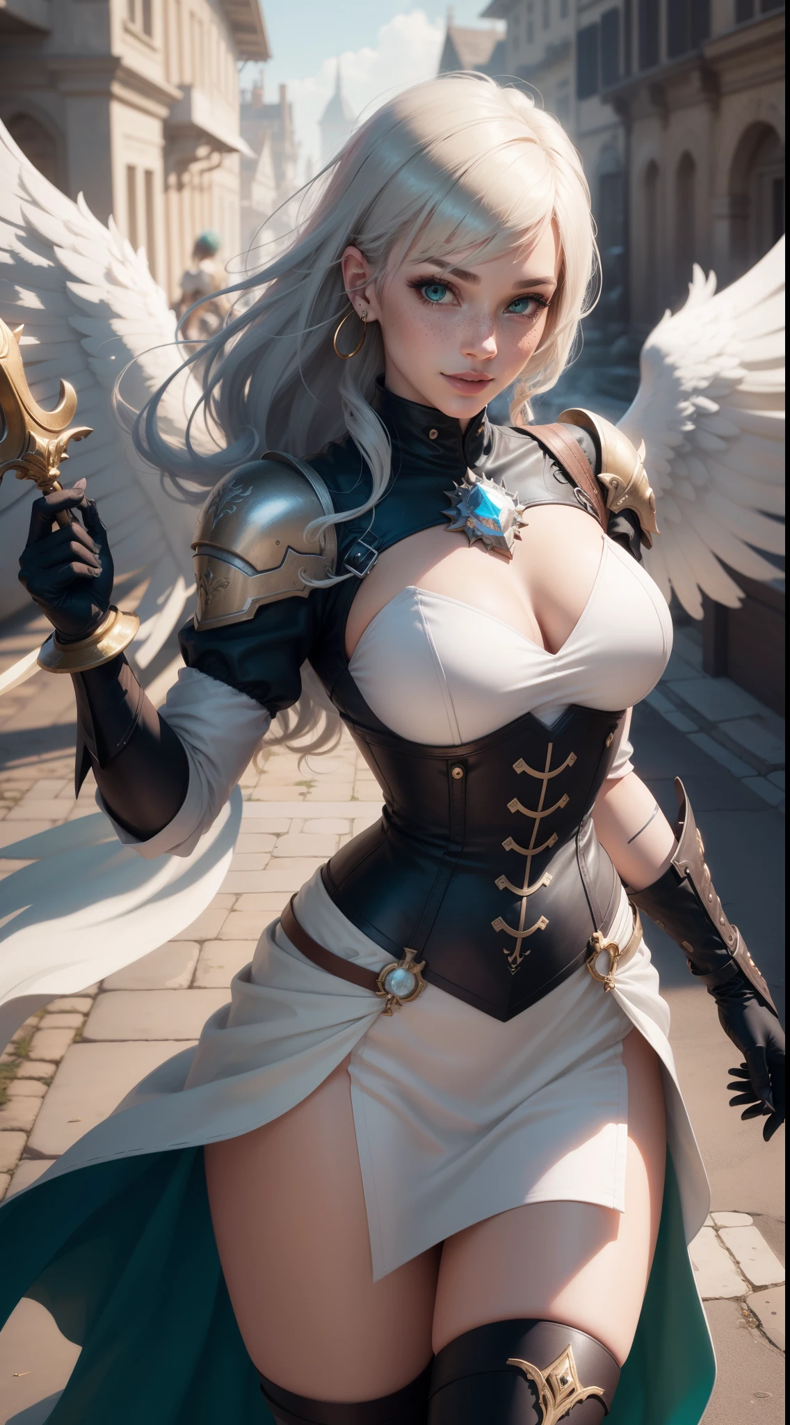 gwen tennyson,yorha 2b,tracer,claire farron, overwatch,atelier ryza,close up,heaven realm view,tattoos,golden and white plugsuit, white short sleeve angel top,short sleeve angel jacket,long medieval skirt,harness corset,long curly hair,punk makeup, green eyes,multicolored silver hair,long dress train,sexy smile,freckles,beautiful girl,thigh high angel boots,large breasts,8k,ultra detailed, realistic,fantasy art,archangel armor,angel tunic dress,hair pin,ear piercings,golden crystal hand and neck jewelry,(weather:windy),1girl,long golden angel cloak,holding a angel spear,long angel wings,flying,