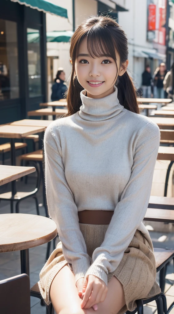 (Sit in front of the café:1.4),highest quality, 1 girl, (skin dents), (Slender models:1.2), (blur background:0.6), (street:1.2), (people々, crowd of:1), Sonoko, Day, outdoor, (casual fashion, elegant fabric, Turtleneck knitwear,skirt:1.5), nice, (random hairstyle:1.2), (floating hair:1.2), (dynamic pose:1.2), soft lighting, Wind, (front light:1.5), compensate,(natural smile:1.2),cowboy shot、Take a picture of your whole body、Winter clothes、Long skirt、