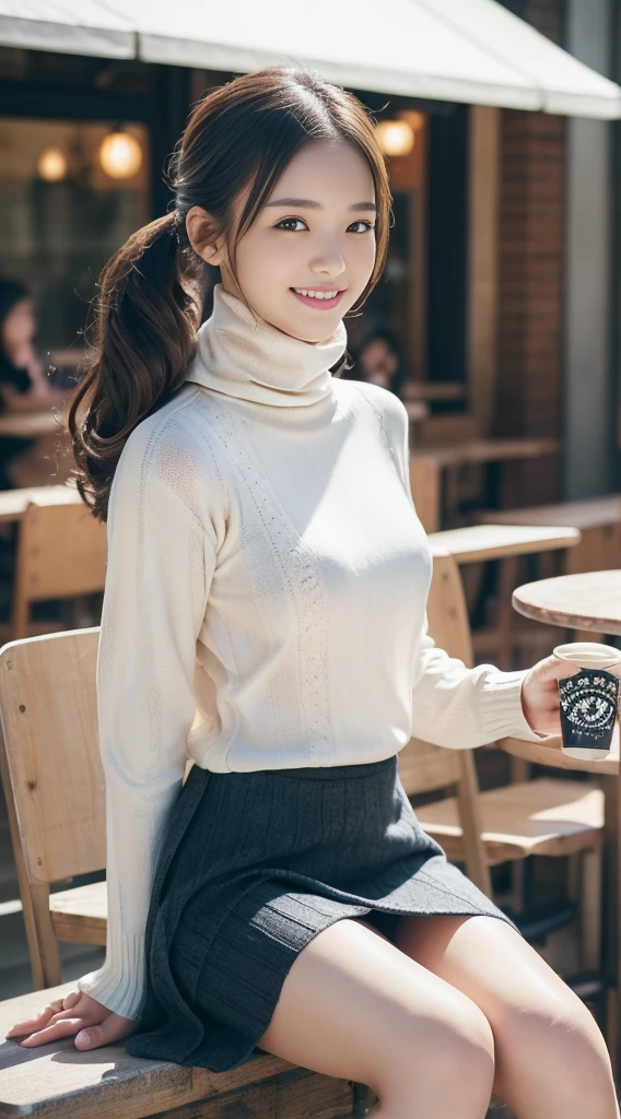 (Sit in front of the café:1.4),highest quality, 1 girl, (skin dents), (Slender models:1.2), (blur background:0.6), (street:1.2), (people々, crowd of:1), Sonoko, Day, outdoor, (casual fashion, elegant fabric, Turtleneck knitwear,skirt:1.5), nice, (random hairstyle:1.2), (floating hair:1.2), (dynamic pose:1.2), soft lighting, Wind, (front light:1.5), compensate,(natural smile:1.2),cowboy shot、Take a picture of your whole body、Winter clothes、Long skirt、
