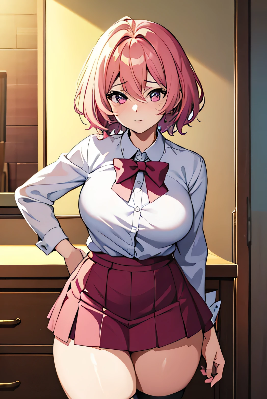 there is a cartoon picture of feminine boy with short pink hair, anime moe artstyle, 1 7 - year - old anime, in an anime style, demon femboy, flat anime style, cute, crossdresser, lewd body, curvy, school girl uniform, doing a sexy pose, big breasts