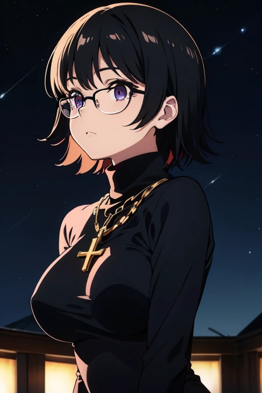 Shizuku Murasaki, 1girl, cute, black hair, short hair, glasses, expressionless, huge breast, ((tight black tanktop:1.5)), cleavage, (front view, upper body, looking at view), (masterpiece, high resolution, best quality, anime colored, anime screencap, 8k, photorealistic), denim, inverted cross chain necklace, (perfect detailed anatomy, beautiful detailed eyes&hair, beautiful detailed body&clothes), night outdoors