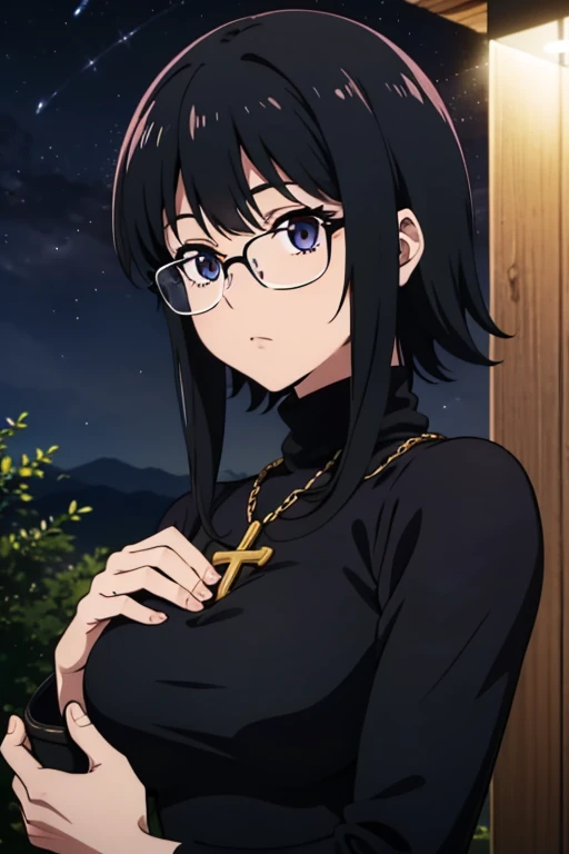 Purple Shizuku, 1 girl, cute, black hair, short hair, Glasses, Expressionless, huge breasts, ((tight black long sleeve turtleneck:1.5)), (Front view, Upper body, looking at the scenery), (masterpiece, High resolution, highest quality, anime color, anime screenshot, 8K, realistic), denim, inverted cross chain necklace, (Perfect detailed anatomy, beautiful and fine eyes&hair, Beautiful detailed body&Clothes), night outdoors