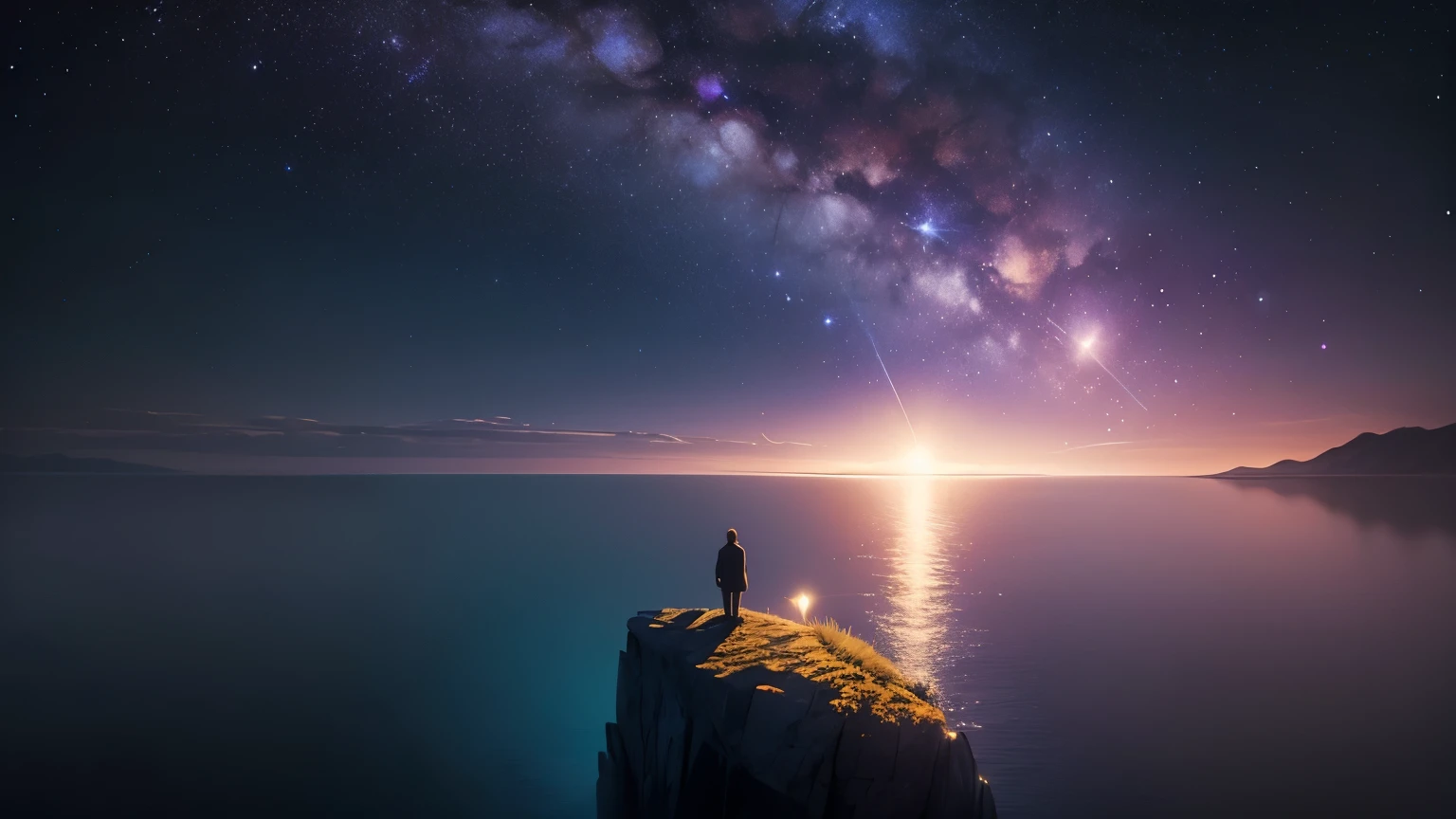 Imagine a starlit night sky, with a crescent moon casting a subtle glow on a tranquil sea. The stars are reflected in the water, creating a feeling of depth and infinity. In the foreground, a silhouette of a lone tree stands resiliently on a cliff, its branches stretching towards the cosmos. The scene is rendered in deep blues, purples, and blacks, evoking a sense of mystery and the vast potential of the unknown. Across the sky in a slightly brighter shade, a simple, inspiring phrase reads: "Dream Beyond the Horizon."
