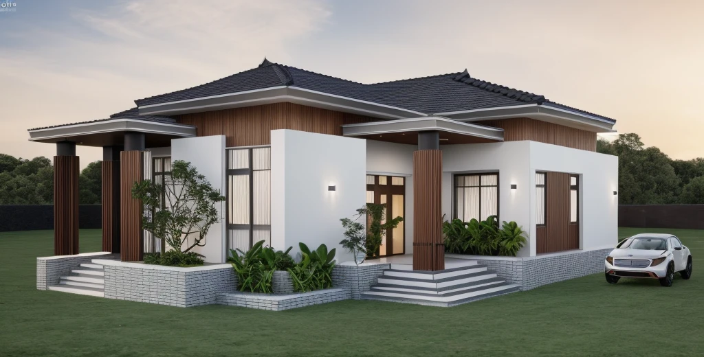 1 main wood door, many glass door, concrete, wood wall,white, modern villa, palm, plant, beautiful sky, wood facade, architecture, beautiful, masterpiece, best quality, super detailed, realistic, photorealistic, 8k, sharp focus, droste effect photography, macro photography