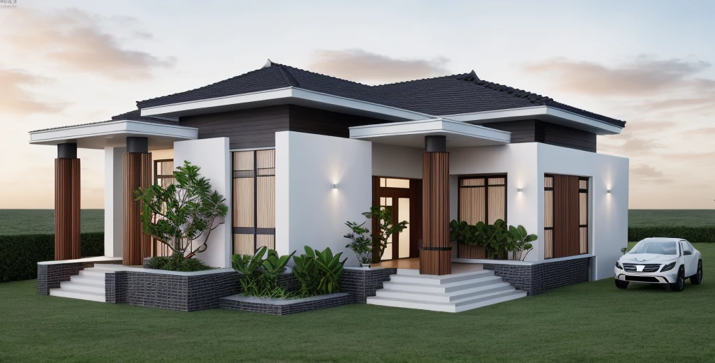 1 main wood door, many glass door, concrete, wood wall,white, modern villa, palm, plant, beautiful sky, wood facade, architecture, beautiful, masterpiece, best quality, super detailed, realistic, photorealistic, 8k, sharp focus, droste effect photography, macro photography