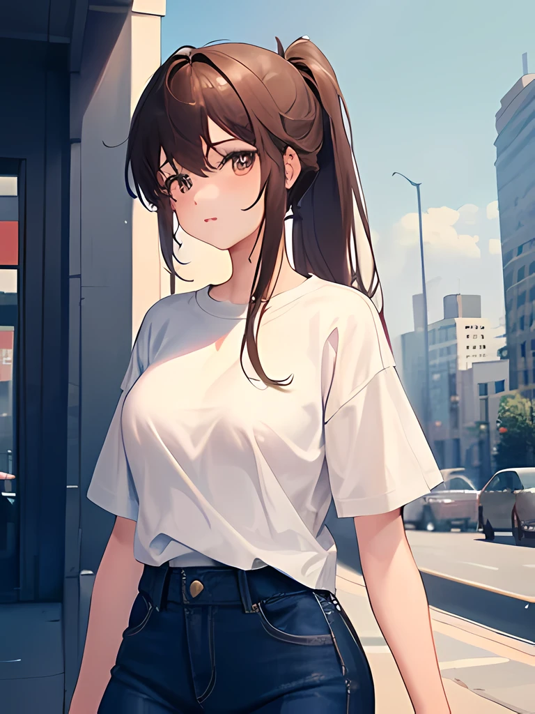 1girl, long ponytail hairstyles, brown hair, brown eyes, wearing plain white shirt, denim jeans, city, absurdres, high res, ultrasharp, masterpiece, looking at viewer
