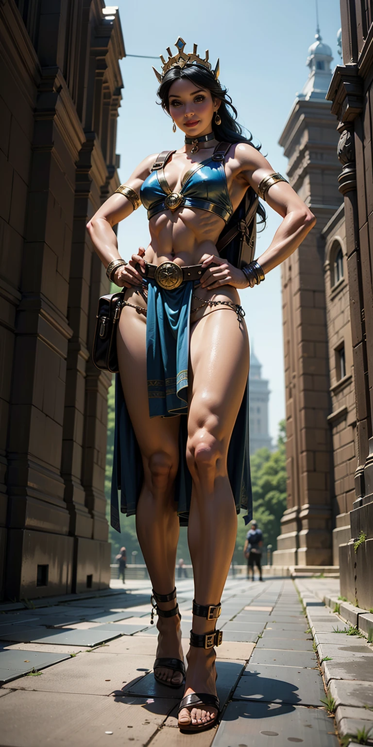full body, whole body. 1solo (girl). slave fighter, loincloth standing, hands on hips full body, whole body. 1solo (girl). slave fighter, loincloth standing, hands on hips, metal sandals, backpack, choker, big belt, view from below, feet together, bracers, tiara