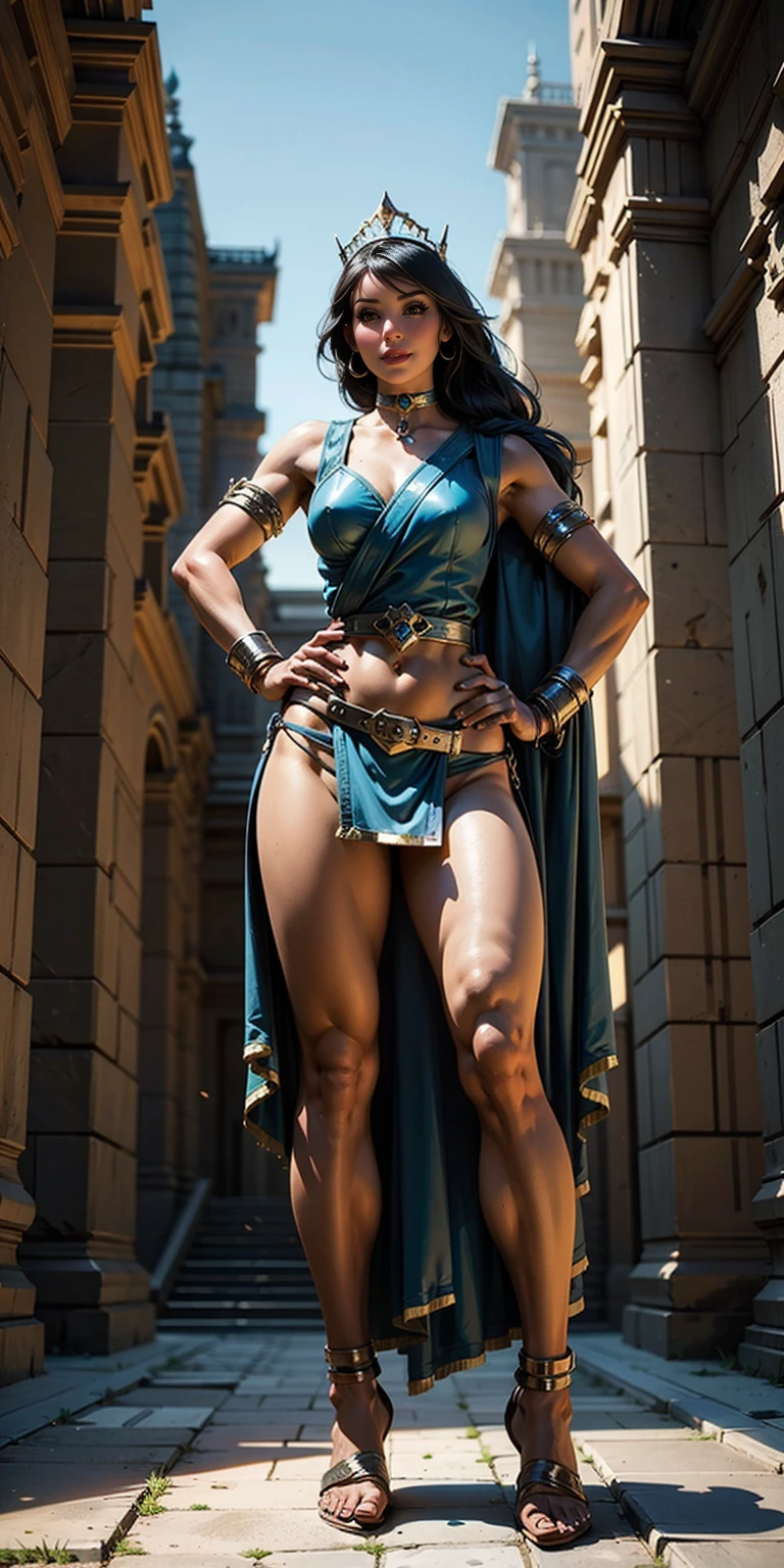 full body, whole body. 1solo (girl). slave fighter, loincloth standing, hands on hips full body, whole body. 1solo (girl). slave fighter, loincloth standing, hands on hips, metal sandals, backpack, choker, big belt, view from below, feet together, bracers, tiara