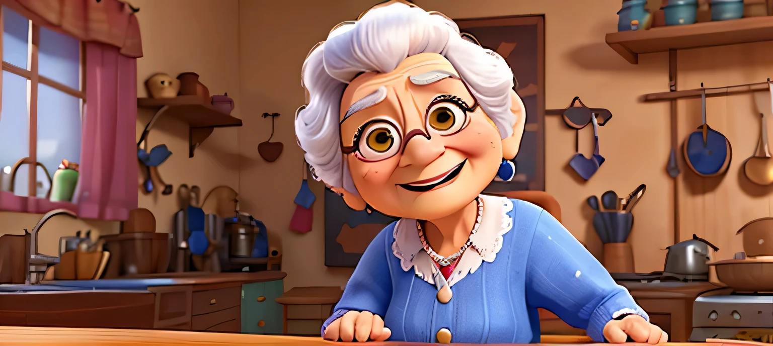 80 year old old woman pixar style, muy feliz y sonriente