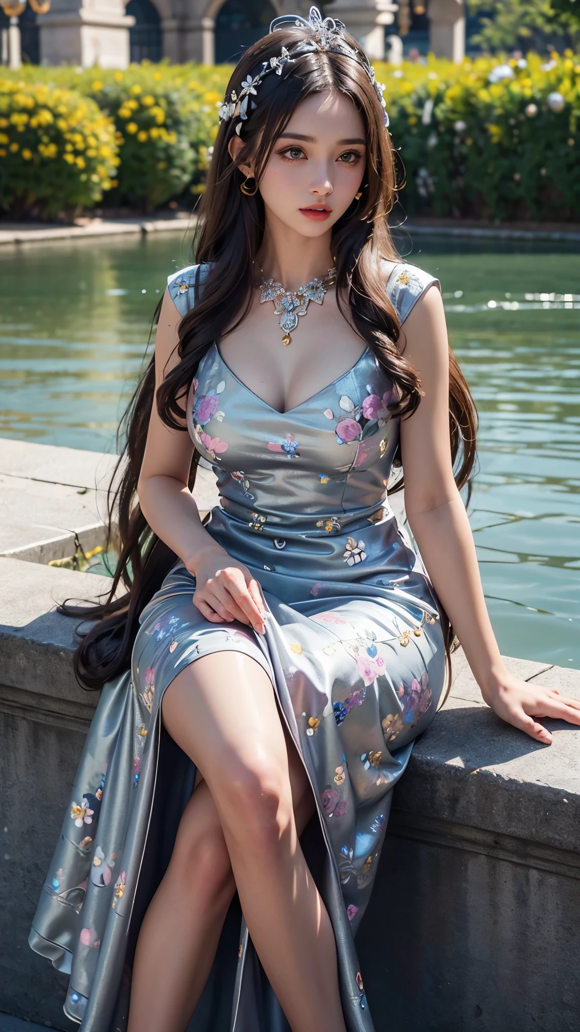 1 girl, good face, ultra long hair, detailed eyes, detailed lips, medium breasts, silver dress, (ornament:1.5), (floral dress :1.5), Take photos by the lake, ultra-realistic realism, color field printing, high details, hyper HD, cinematic lighting, 4k quality, sitting,