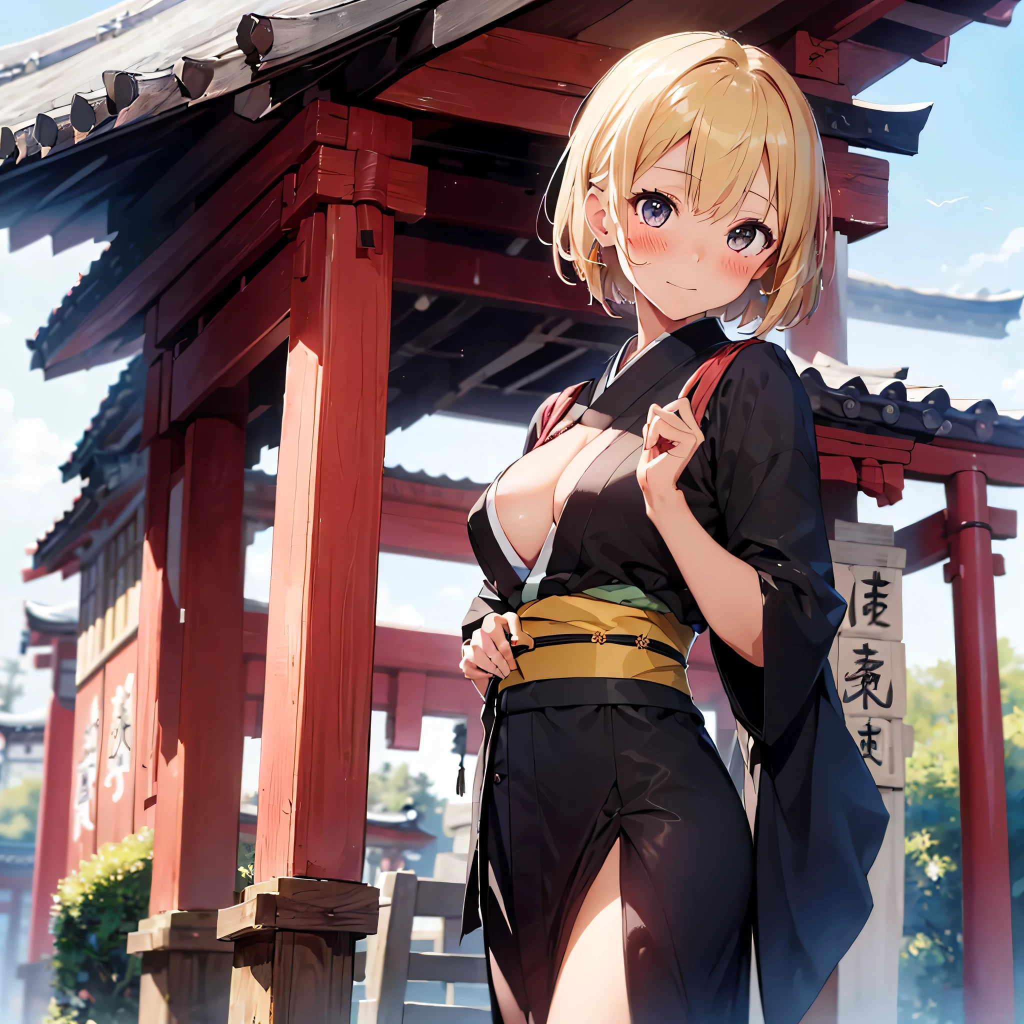 (masterpiece:2.0), (highest quality:2.0), (short kimono at the shrine:1.5), (super sexy pose:1.5), (blushing face:1.5), (spilling breasts:1.5), (realistic:1.5), 1 girl, very cute girl, precision small hands, You look embarrassed when you look at me, light smile, innocent face, young face, clear eyes, shining eyes, small breasts, I can see the cleavage, dynamic posing, beautiful skin, Super fine, highest resolution, Japanese high school student, golden hair