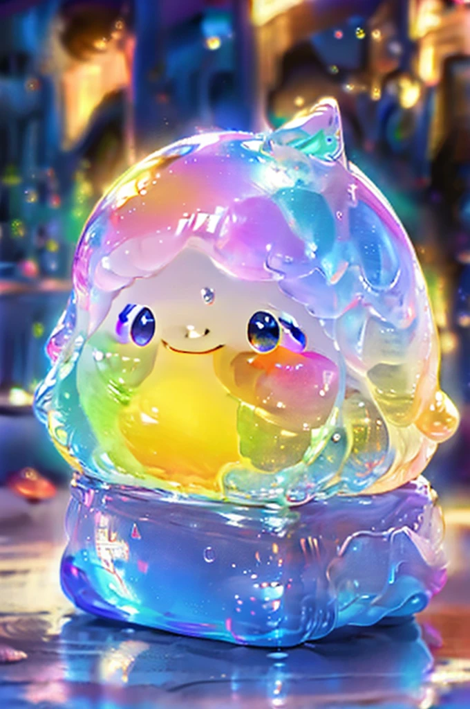 cute mango water slime, big happy laugh smile, animal bubble eyes, colorful slime, shiny and squishy, slime texture, transparent slime, glittery slime, iridescent colors, vibrant rainbow colors, sparkly and magical, soft and stretchy, squishy and bouncy, playful and fun, in a clear glass jar, with floating slime bubbles
(best quality, ultra-detailed, realistic:1.37), vibrant colors, studio lighting, vivid colors, bokeh