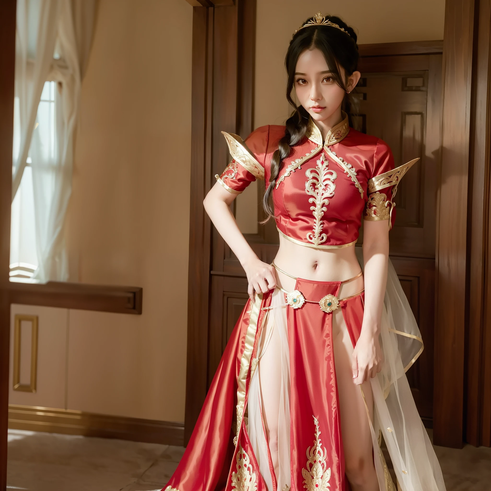 Ultra Hce with delicate features,8K,ultra intricately detailed,Clothing details, Girl in red bridal costume,ta costume,Lolie,Lolita , wedding dress,lace,The bride has a red hijab,With your back to me,Lying on a marriage bed,Rise ass,Open your legs,Expose white butt,Chest exposure,