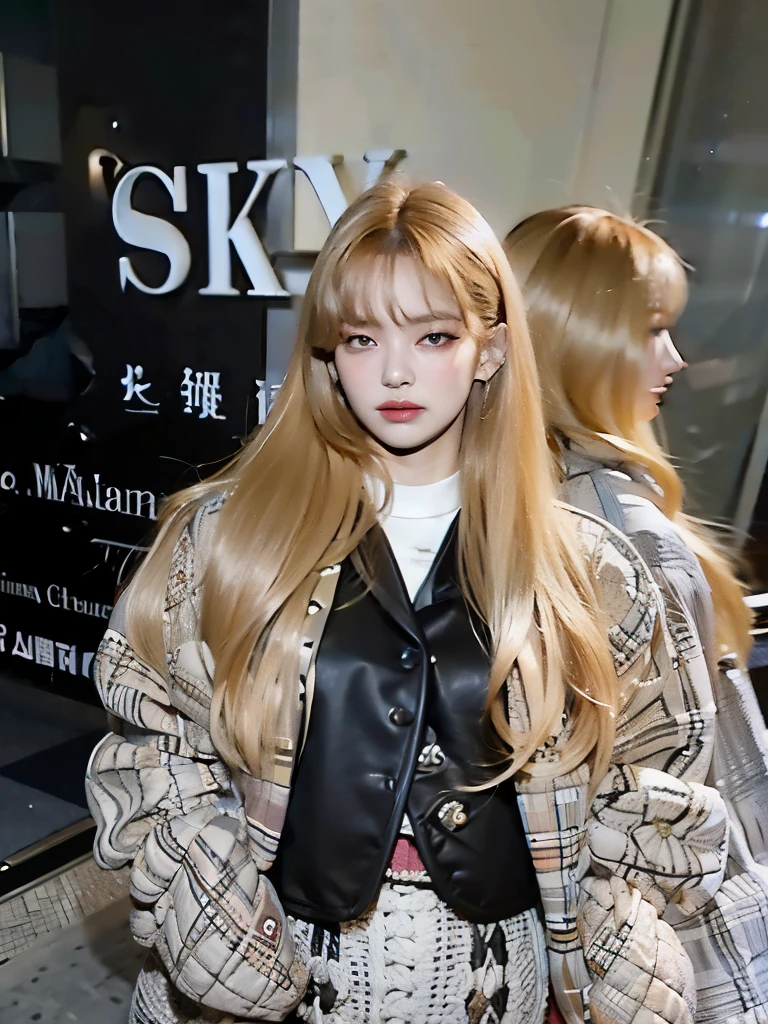 Un primer plano de una mujer con cabello largo y rubio con una chaqueta, ulzzang, pelo largo con flequillo completo, pelo largo con flequillo, Lalisa Manobal, con pelo largo y rubio, pelo largo y blanco y flequillo, con cabello rubio muy largo, Lalisa Manoban de Blackpink, con el pelo largo y blanco, sakimichan