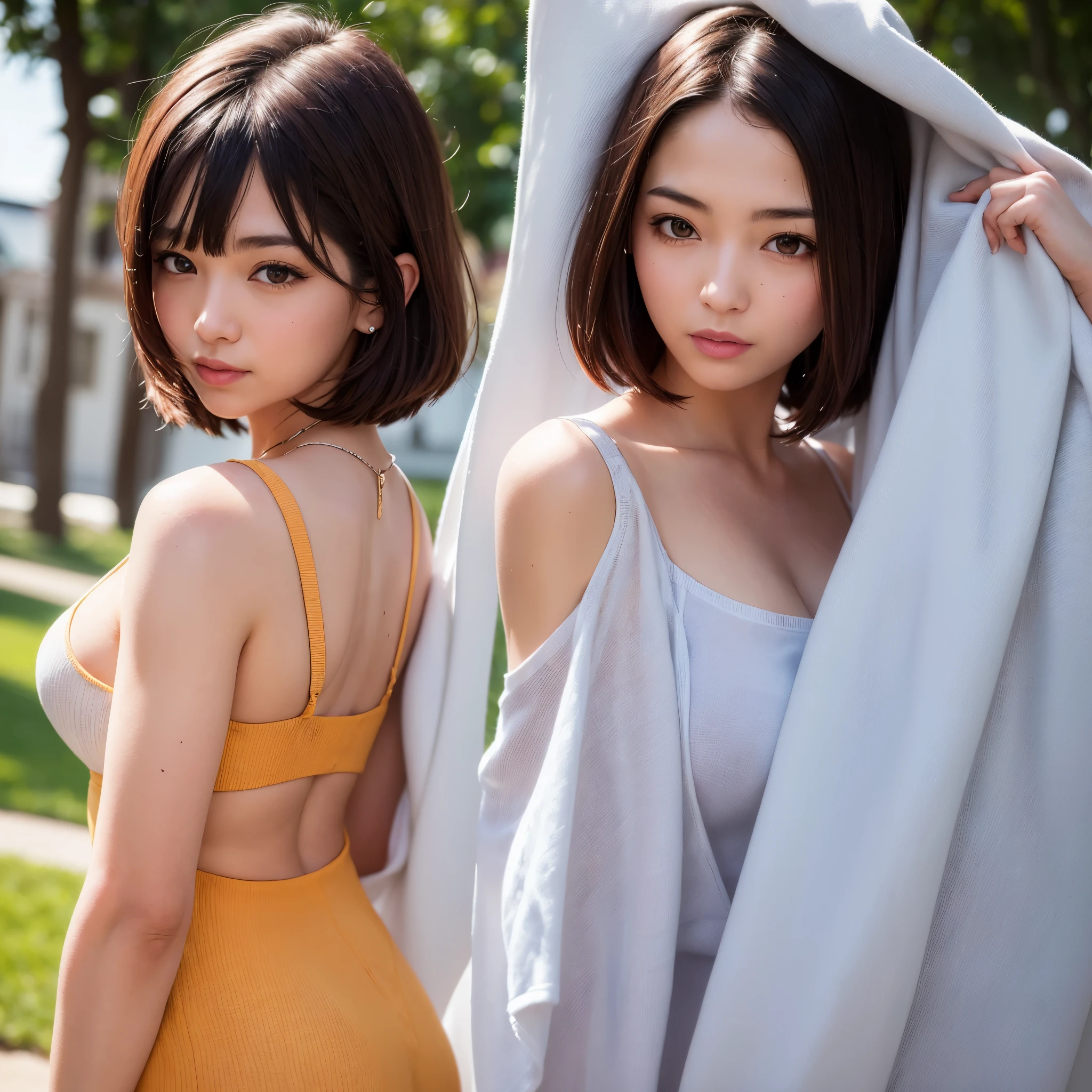 (a woman, park, sunny day, orange sundress, RAW, UHD, 8K, upper body portrait:1.1, head, highly detailed face, stunning eyes, orange short hair, back towards camera, wet clothes, vibrant colors, warm sunlight) cupper body portrait, back view