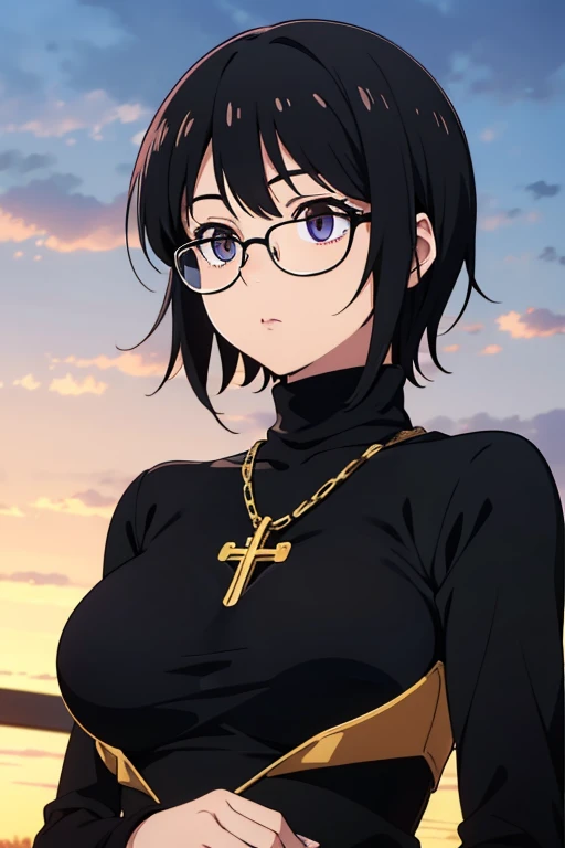 Purple Shizuku, 1 girl, cute, black hair, short hair, Glasses, Expressionless, huge breasts, ((tight black long sleeve turtleneck:1.5)), (Front view, Upper body, looking at the scenery), Arms are lowered, (masterpiece, High resolution, highest quality, anime color, anime screenshot, 8K, realistic), denim, inverted cross chain necklace, (Perfect detailed anatomy, beautiful and fine eyes&hair, Beautiful detailed body&Clothes), night outdoors