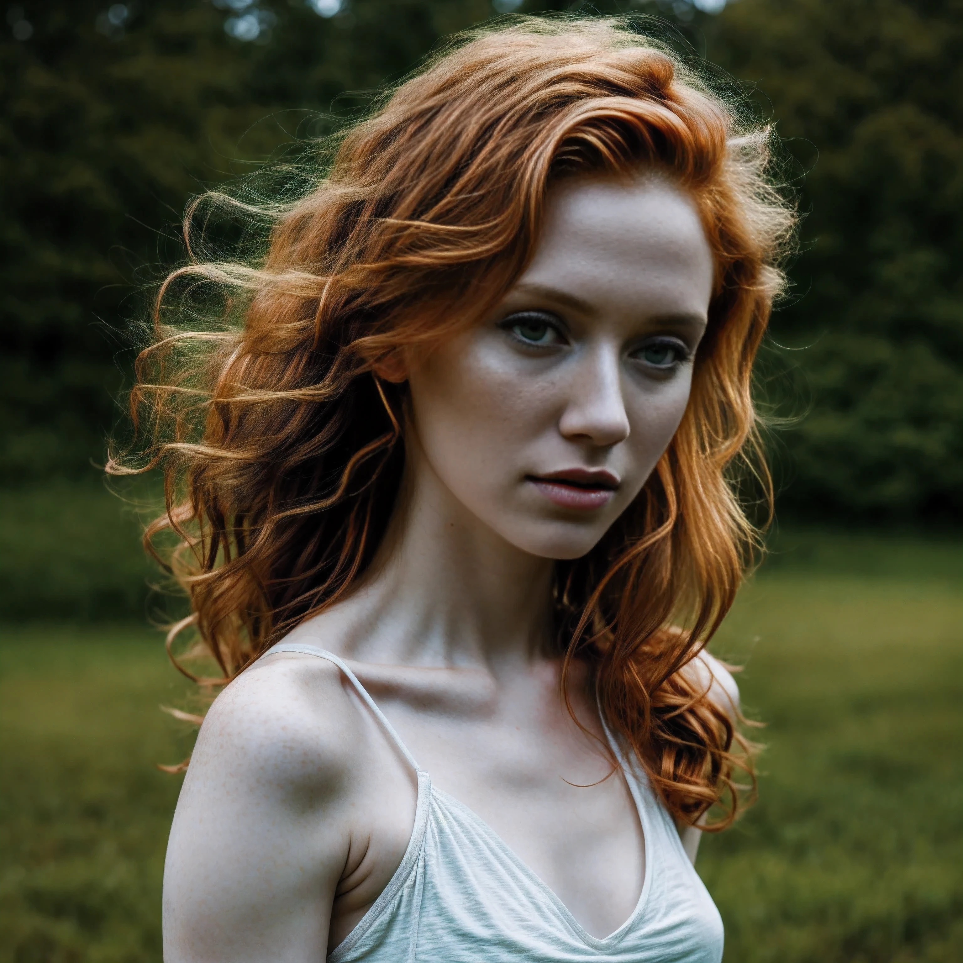 1woman in, age35, Solo, Aesthetic artwork, irish redhead, wavy ginger hair, shoulder length ginger hair, some small freckles, pale skin, small breasts, runners body, fullbody shot, imperfect skin, goosebumps, ager fashion, beautiful nature location, around flower location, (extremely detailed 8k wallpaper), soft lighting, high quality, film grain, Fujifilm XT3 sharp focus, f 5.6, 50mm, High Detail, Sharp focus,(natural light), (seductive), Realistic, ultra realistic, photo realistic, crazy details, complex details, hyper detailed,
