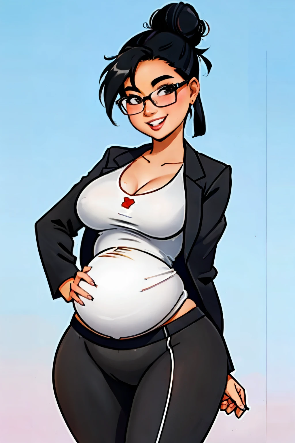 1 girl, , teenager, Che, sexy, medium round voluptuous boobs, smiling, black hair, double hair bun, 9 month pregnant belly, glasses, business suit, model, upper body view