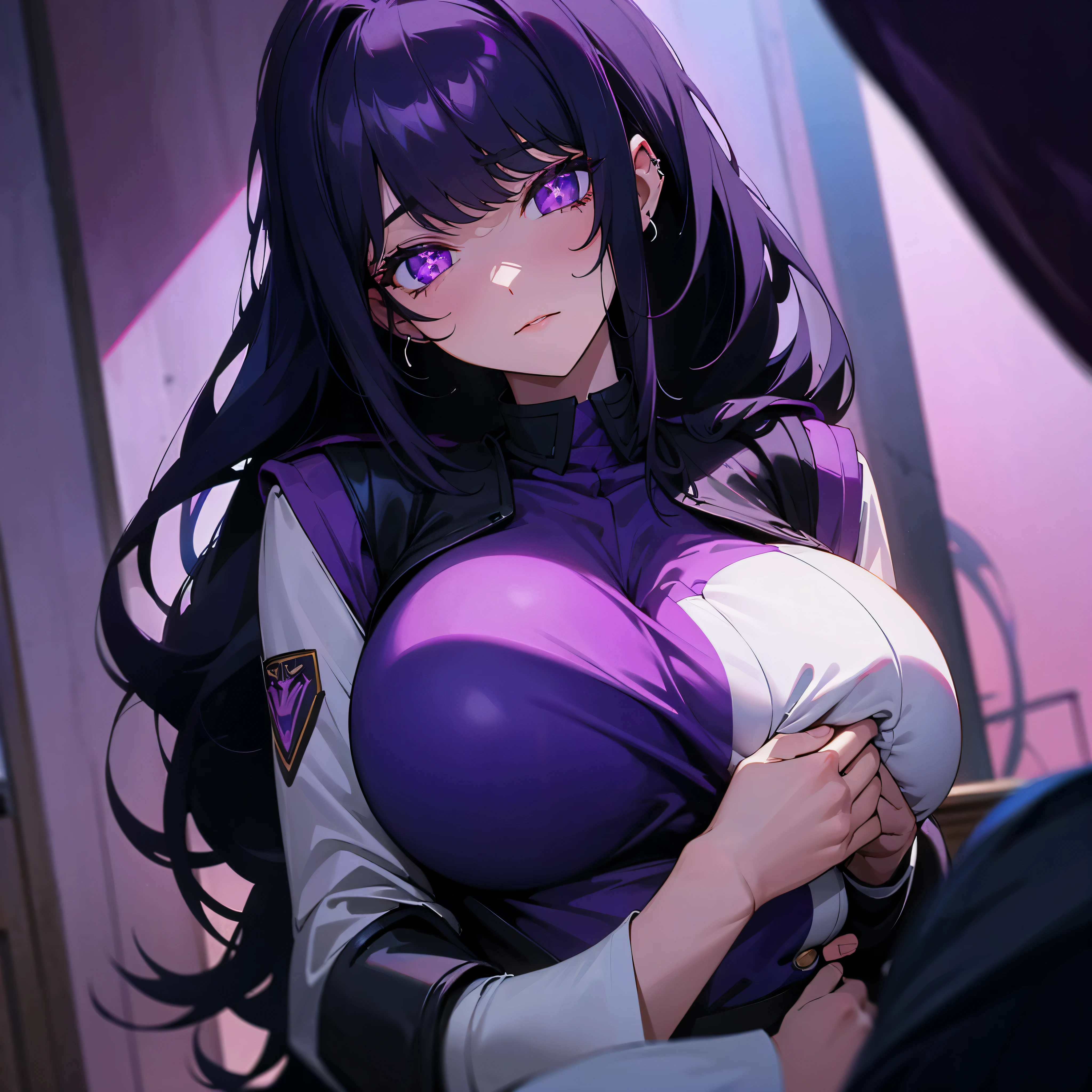 Her dark black hair glistened under the room's light, her piercing purple eyes, her large perky breast hugged her uniform, 