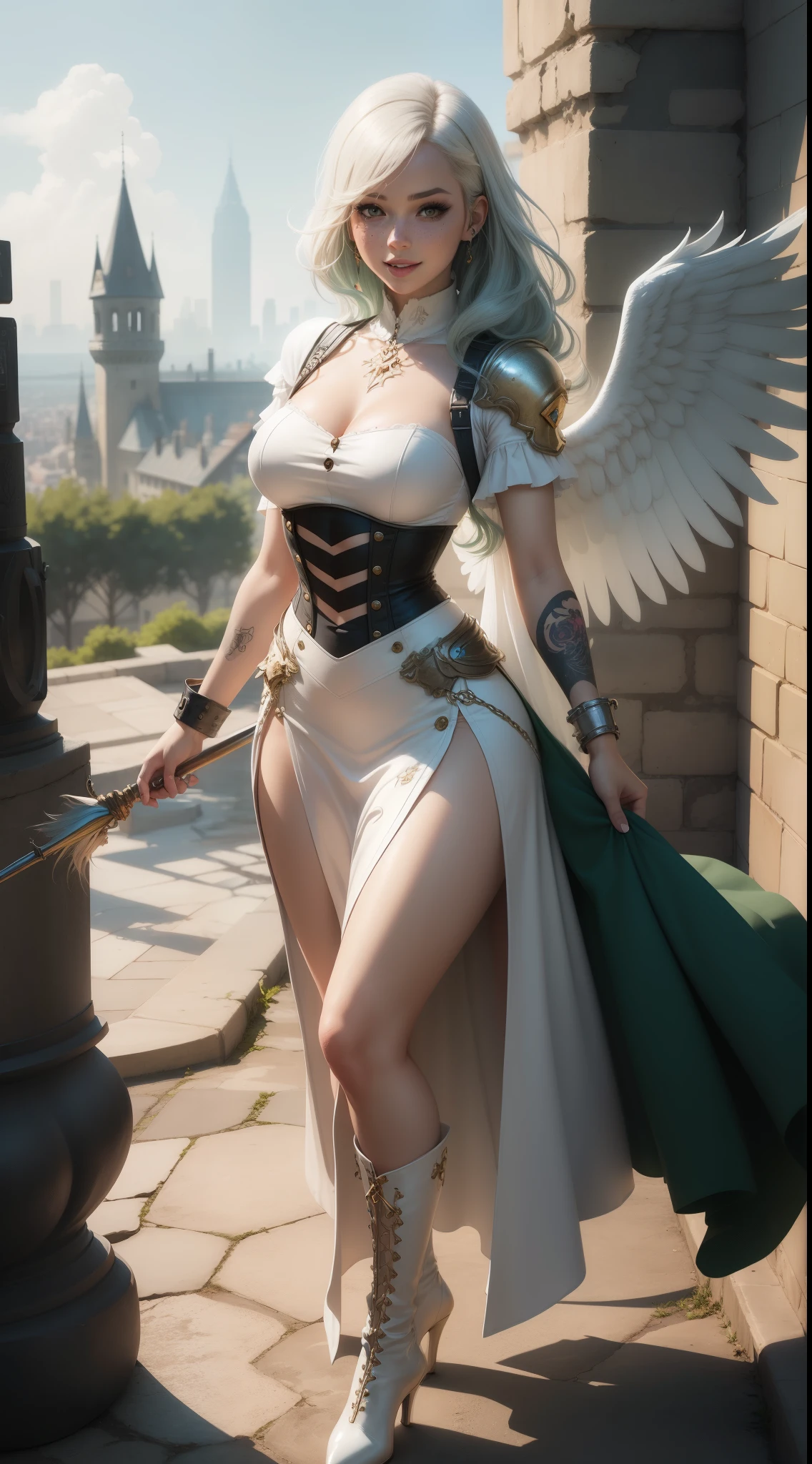 gwen tennyson,yorha 2b,tracer,claire farron, overwatch,atelier ryza,close up,castle in the sky view,tattoos,golden and white plugsuit, white short sleeve angelic top,short sleeve angelic jacket,long medieval skirt,harness corset,long curly hair,punk makeup,green eyes,multicolored silver hair,long dress train,sexy smile,freckles,beautiful girl,thigh high angelic boots,large breasts,8k,ultra detailed, realistic,fantasy art,angelic armor,angelic tunic dress,hair pin,ear piercings,golden crystal hand and neck jewelry,(weather:windy),1girl,long angelic cloak,holding a spear,long angel wings,flying,