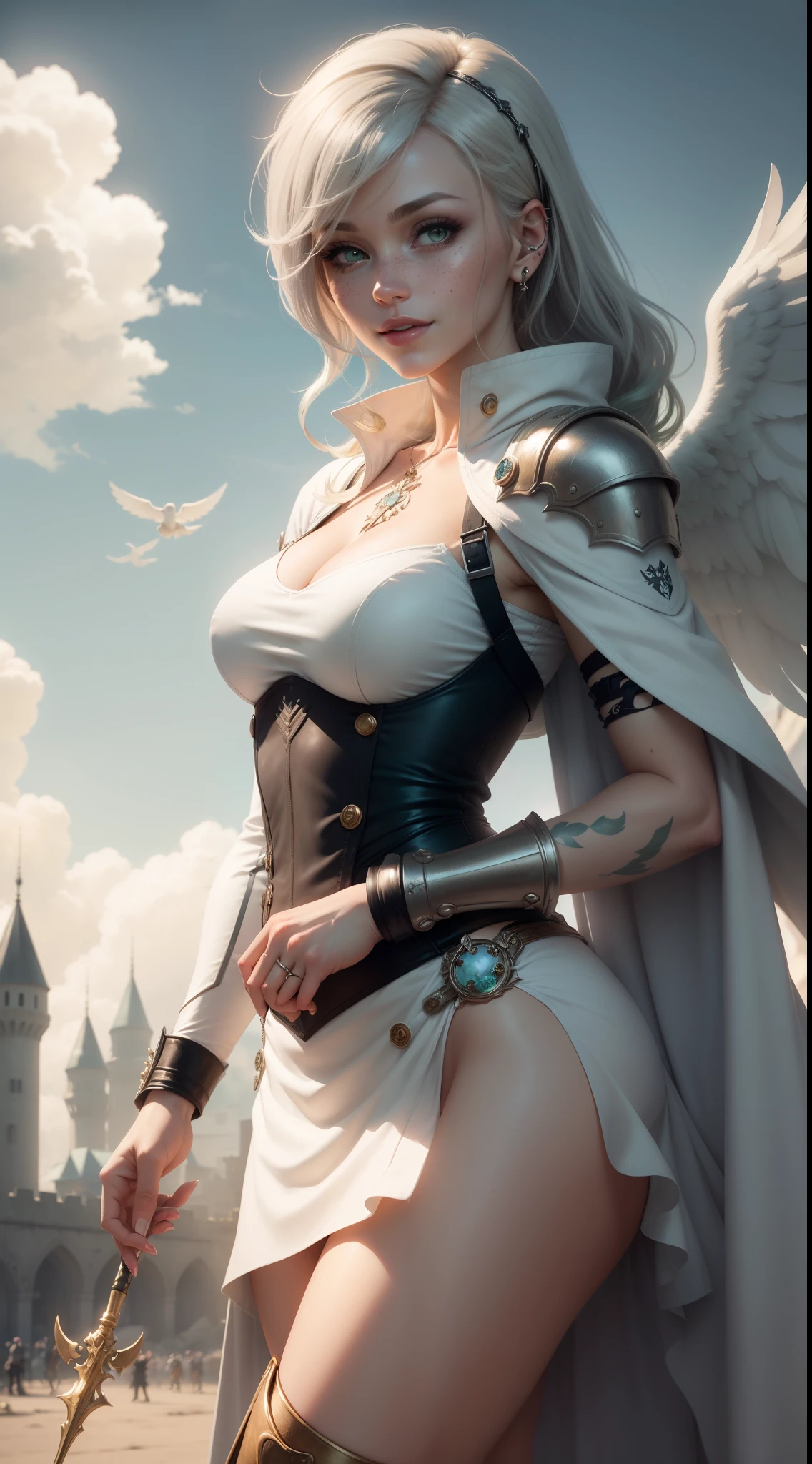 gwen tennyson,yorha 2b,tracer,claire farron, overwatch,atelier ryza,close up,castle in the  sky view,tattoos,golden and white plugsuit, white short sleeve angelic top,short sleeve angelic jacket,long medieval skirt,harness corset,long curly hair,punk makeup,green eyes,multicolored silver hair,long dress train,sexy smile,freckles,beautiful girl,thigh high angelic boots,large breasts,8k,ultra detailed, realistic,fantasy art,angelic armor,angelic tunic dress,hair pin,ear piercings,golden crystal hand and neck jewelry,(weather:windy),1girl,long angelic cloak,holding a spear,long angel wings,flying,