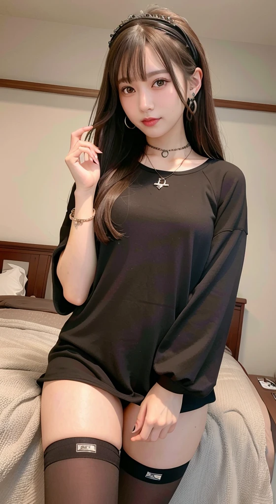 super detailed, High resolution, (realistic, Photoreal:1.4), 8K, Raw photo, (masterpiece), (highest quality), Physically based rendering, full nude、Female college student, long brown hair, Korea, Hotel、bedroom、gothic lolita clothes、gothic loli fashion、earrings、necklace、bracelet、ring、double eyelids、tear bag、Sexy Lips、blonde、semi-long、knee high socks、boots、smile