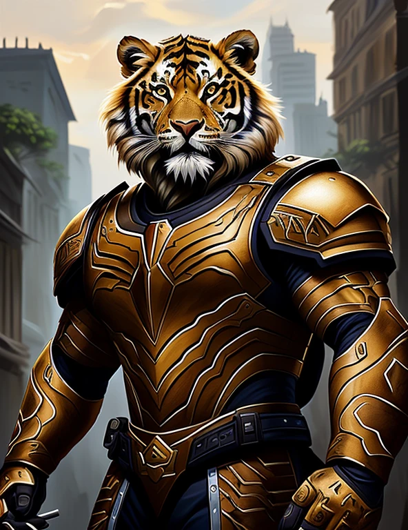 there is a tigre that is standing in the street, anthropomorphic tigre, tigre_fera, lion warrior, Grande arte digital com detalhes, pintura digital altamente detalhada, pintura digital de alta qualidade, arte de pintura digital dos desenhos animados, estilo de pintura digital, half tigre, epic digital painting, pintura digital muito detalhada, Senhor da Selva, O Cavaleiro da Armadura do Gato Dourado