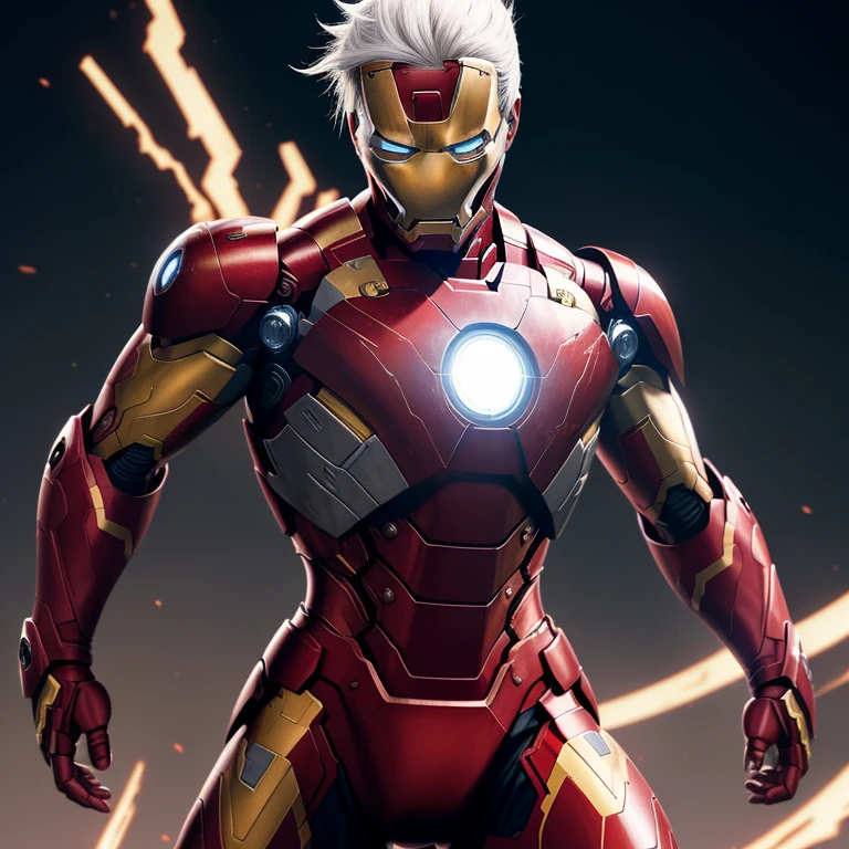 A striking image of Kakashi, the legendary shinobi, donning the advanced Iron Man suit, perfectly blending the worlds of ninja and technology. This 35-year-old character, known for his long, white hair, sharp gaze, and distinctive forehead protector, is shown in an action pose, with an ironed expression, conveying his focused determination. The Iron Man suit, in its sleek and vibrant red and gold color scheme, shines around him, casting a dynamic, contrasting light on his form. The scene is rendered in a hyperrealistic, photorealistic, and high-definition style, capturing the intricate textures and details of both Kakashi and the