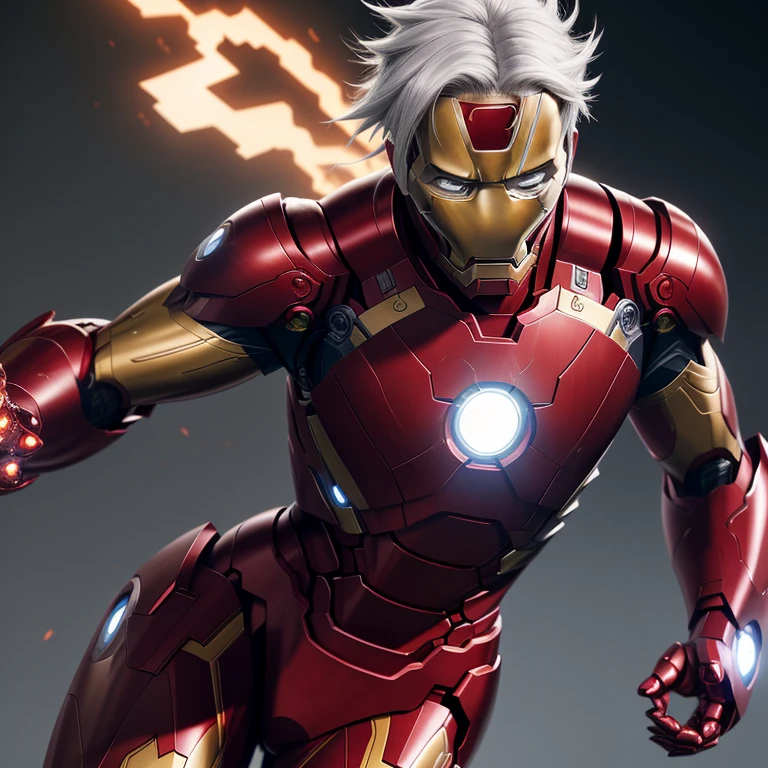 A striking image of Kakashi, the legendary shinobi, donning the advanced Iron Man suit, perfectly blending the worlds of ninja and technology. This 35-year-old character, known for his long, white hair, sharp gaze, and distinctive forehead protector, is shown in an action pose, with an ironed expression, conveying his focused determination. The Iron Man suit, in its sleek and vibrant red and gold color scheme, shines around him, casting a dynamic, contrasting light on his form. The scene is rendered in a hyperrealistic, photorealistic, and high-definition style, capturing the intricate textures and details of both Kakashi and the