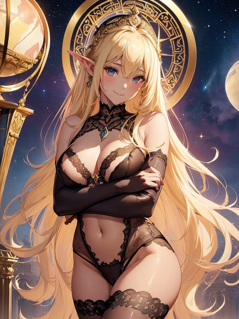 highest quality、Highest image quality、masterpiece、Super beautiful elf beauty from behind((22 years old OL big bust、bust 90,beautiful long ironed hair、blonde、globe、、slender、Close-up、Esbian、beautiful tiara、High quality、beautiful art、background((starry ski)))muste piece、visual art、Depth of bounds written、low angle of morning sky、、elf ears、、magic of light、space knight、harp melody🎵、A happy smile、gentle light、、Beautiful legs that are gentle on the skin、、、Number of fingers to achieve precise finger movements、ticker beautiful decorative、elegant、mystical rosa、 heaven、marble columns, beautiful dressy、magnificent marble dome、giant galaxy、religious painting、embrace the earth、temple of time、great watch、hourglass、sundial、moment of creation!myth、alphonse mucha art、art nouveau、ancient greece、Rome、byzantine art、gold foil、Raphael's paintings、renaissance art、Lord of the Ring、y、friendly smile、lingerie、underwear、 body stocking. nsfw
(gorgeous body stocking:1.3), (intricate lace:1.4), (see thorough:1.5), (morning1.5)sise