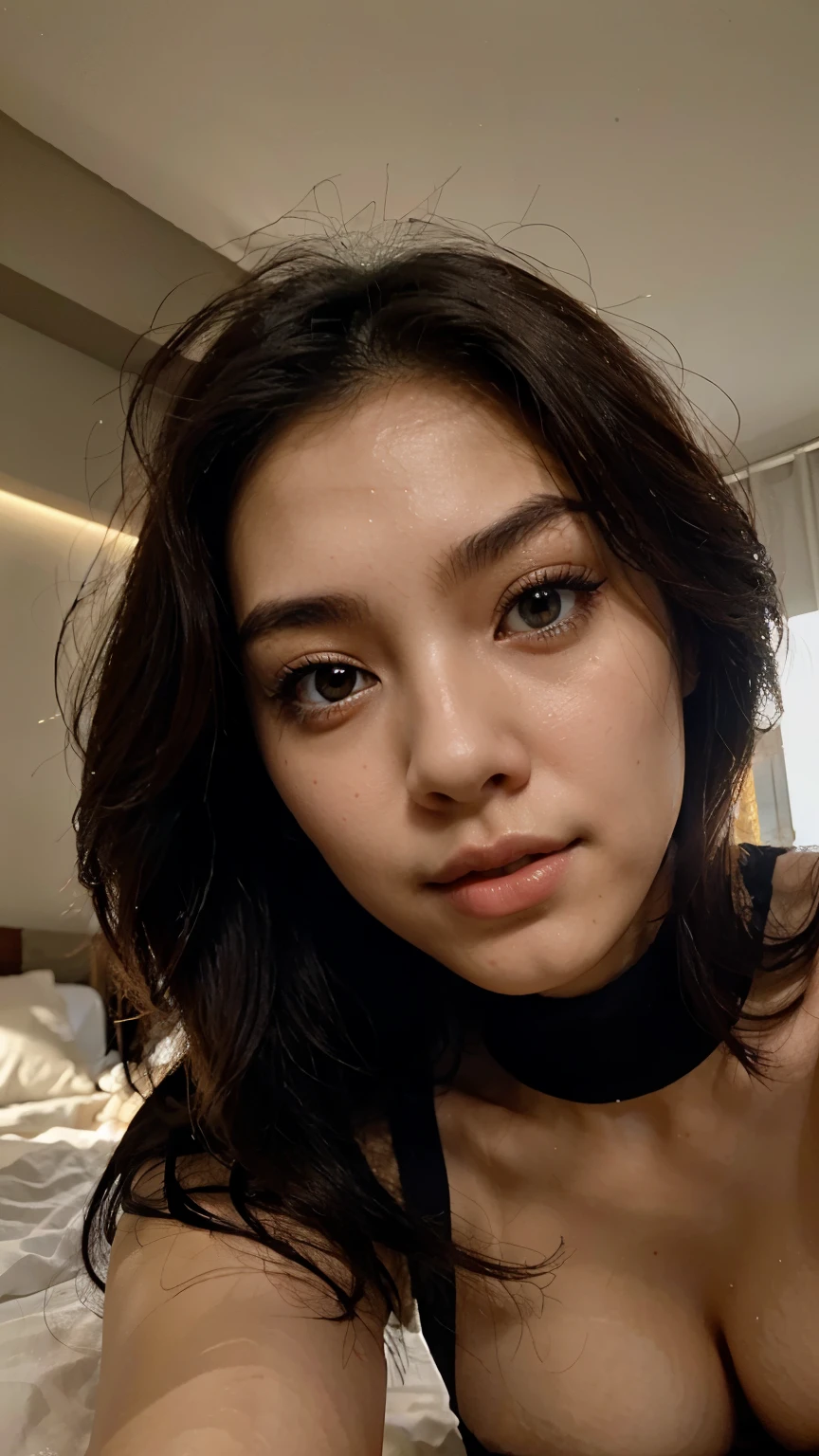 20 years old hong kong woman closeup selfie in bed, closeup face, beautiful face, soft lighting, hyper realistic, beautiful body, half body photo, symmetric eyes, slim, dark room, sleepwear, face down