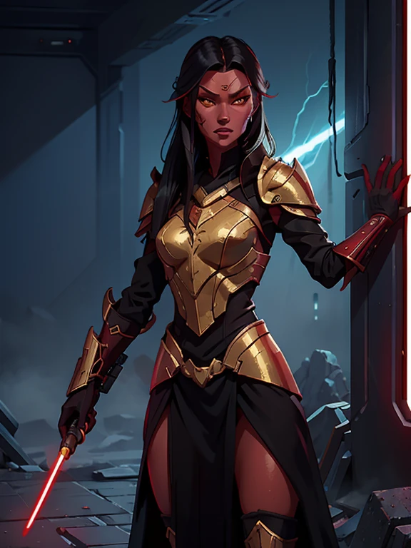 ((Masterpiece)), ((best quality)), ultra detailed face,  ((red skin:1.3)), 1woman, (wearing armor over dark robes, black hair, golden eyes, slender body, thin, slim body, slim waist, medium breasts), standing in ruins, shooting lightning from fingers, arrogant smile, Star Wars, cinematic lighting , sci-fi city, sfw,