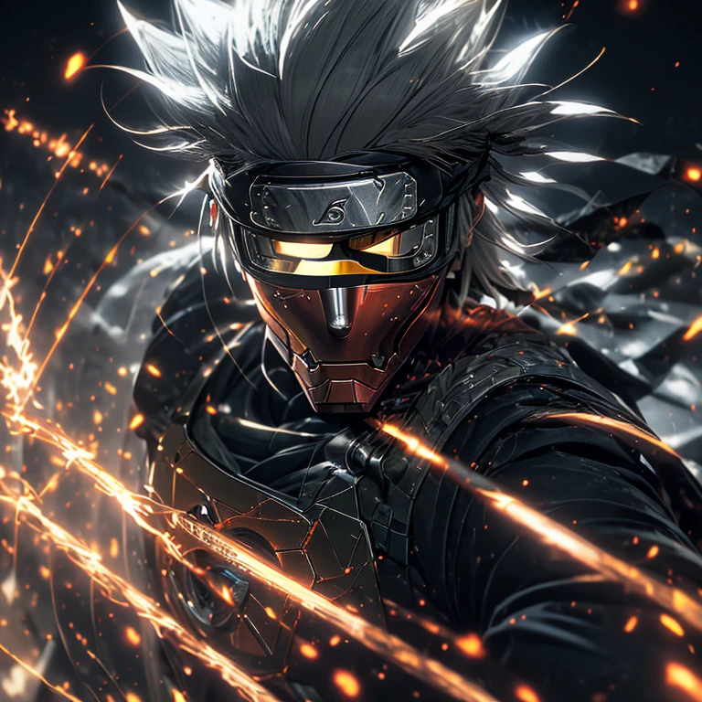 A striking image of Kakashi, the legendary shinobi, donning the advanced Iron Man suit, perfectly blending the worlds of ninja and technology. This 35-year-old character, known for his long, white hair, sharp gaze, and distinctive forehead protector, is shown in an action pose, with an ironed expression, conveying his focused determination. The Iron Man suit, in its sleek and vibrant red and gold color scheme, shines around him, casting a dynamic, contrasting light on his form. The scene is rendered in a hyperrealistic, photorealistic, and high-definition style, capturing the intricate textures and details of both Kakashi and the