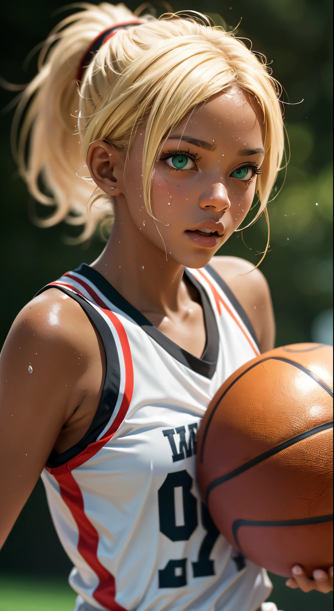 fantastic realism, bokeh, ultra detailed, 1girl, blond with (dark skin), green eyes, running, playing basketball, sweat, shiny skin,